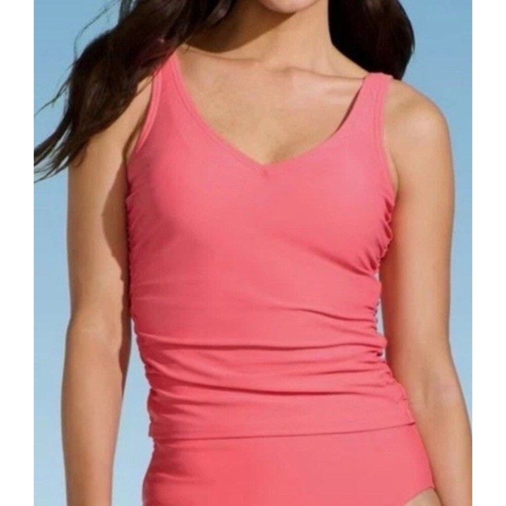 Land's End Coral Peach V-Neck Tankini Swim Top Women's Size 12 Underwire
